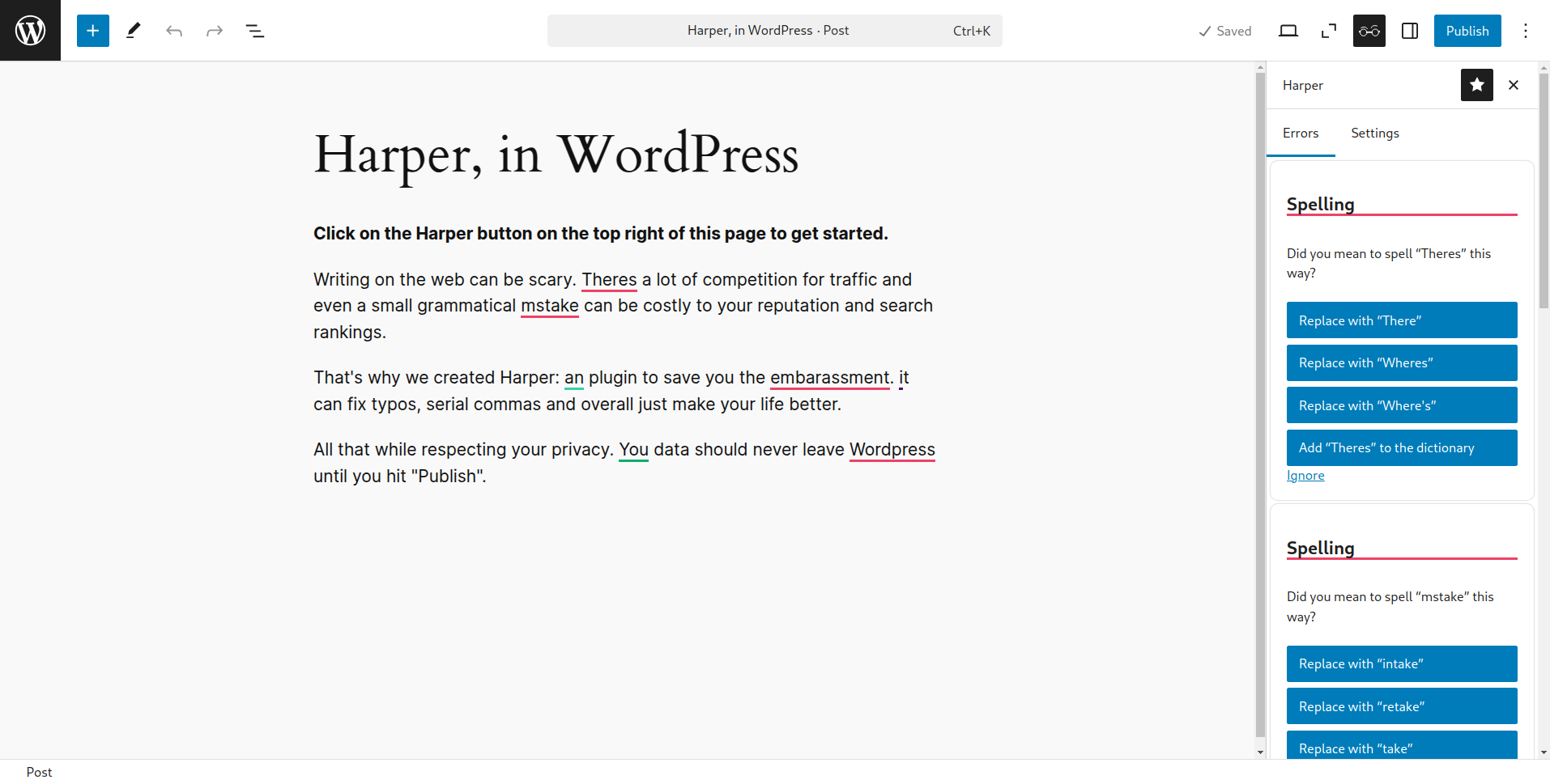 A screenshot of the Harper WordPress Demo